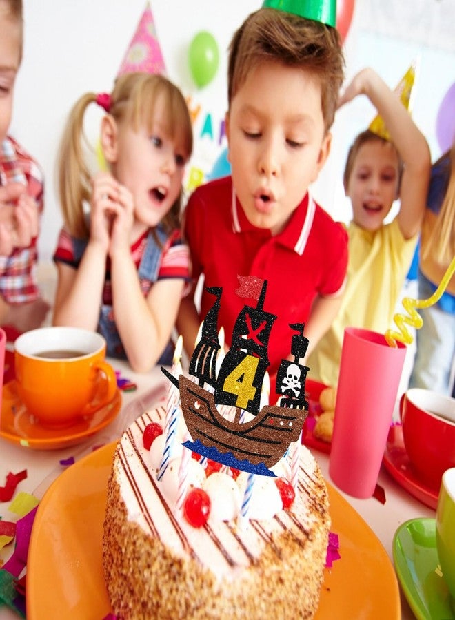 زينة كعكة عيد الميلاد الرابع بطابع القراصنة، زينة كعكة سفينة قراصنة للأولاد، ديكور كعكة عيد ميلاد بحري لعمر 4 سنوات، زينة حفلة الذكرى السنوية الرابعة بطابع القراصنة - بريق ذهبي - Image 4