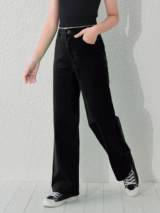 ADBUCKS Stretchable Denim Fabric High Rise Wide Leg Jeans for Girls II Girls Bootcut Jeans (in, Age, 6 Years, 7 Years, Black) - Image 2