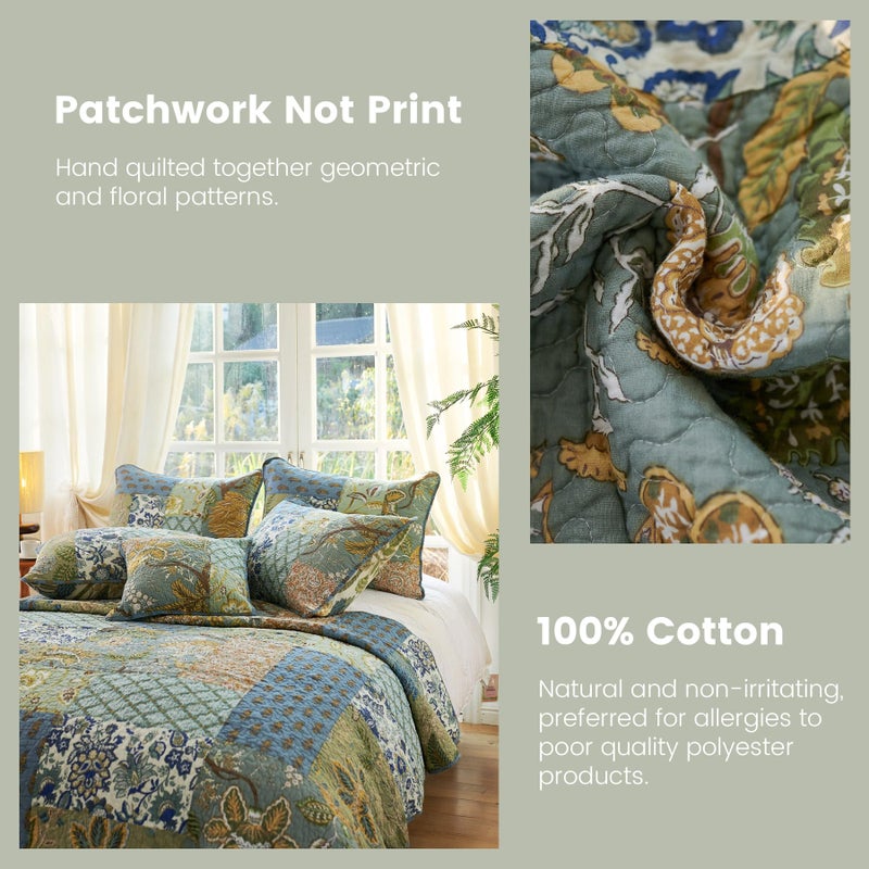 Secgo King Size Comforter Set- 100% Cotton Quilt King Size Set, Green, Sage bedspreads (96 * 108 Inch) with 2 Pillow Shams, Patchwork Reversible Lightweight Bedding - Image 4