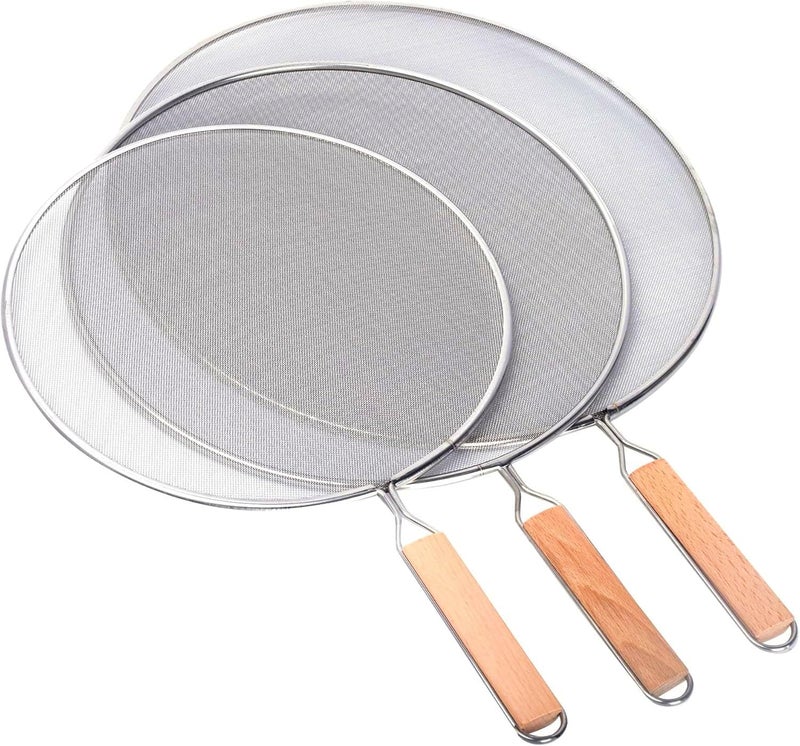 3 Pieces Grease Splatter Screen for Frying Pan Splatter Guard Mesh Stainless Steel Grease Guard Shield for Kitchen Frying Pan Cooking Supplies Set of 944 108 and 125 inch Wood Handle
