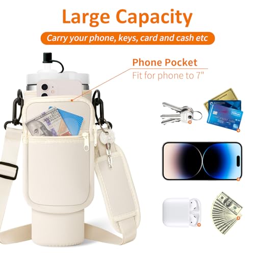 AceTreker حقيبة حامل كأس ستانلي 40 أونصة مع حزام وغطاء قشة، غلاف فراغ من الفولاذ المقاوم للصدأ مع جيب للهاتف، حافظة زجاجة ماء من النيوبرين لملحقات كأس ستانلي - كريمي - Image 5