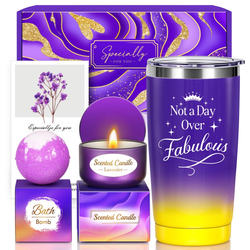 linkax Mothers Day Birthday Gifts Set for Women Her Mom Wife Girlfriend Friend - Purple Self Care Spa Relaxation Gift Basket Set with Novelty Stainless Steel Coffee Tumbler, Lavender Candle, Bath Bomb - Image 1