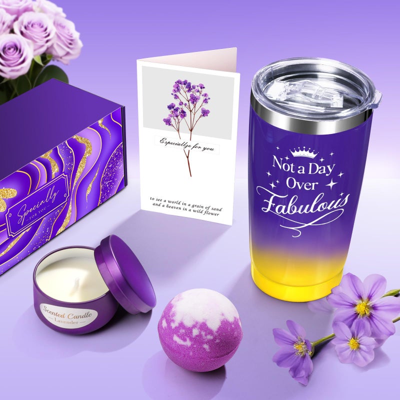 linkax Mothers Day Birthday Gifts Set for Women Her Mom Wife Girlfriend Friend - Purple Self Care Spa Relaxation Gift Basket Set with Novelty Stainless Steel Coffee Tumbler, Lavender Candle, Bath Bomb - Image 5