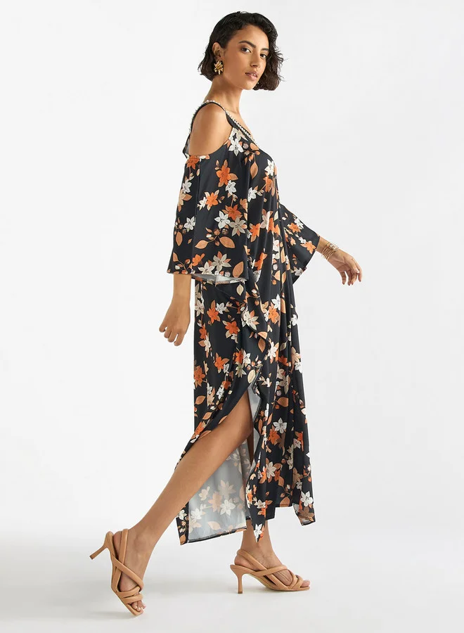 Splash FAV Floral Print V-neck Maxi Dress with Cold Shoulder Sleeves