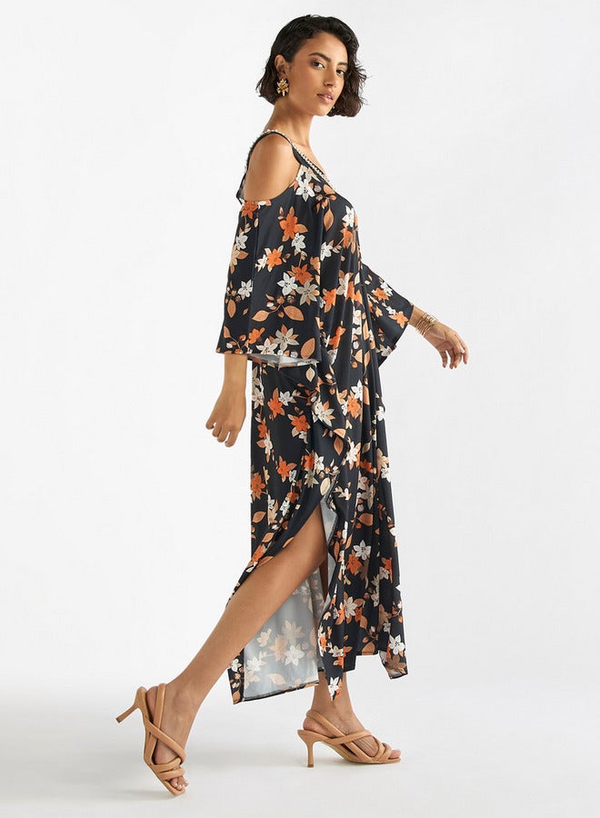 Splash FAV Floral Print V-neck Maxi Dress with Cold Shoulder Sleeves - Image 2