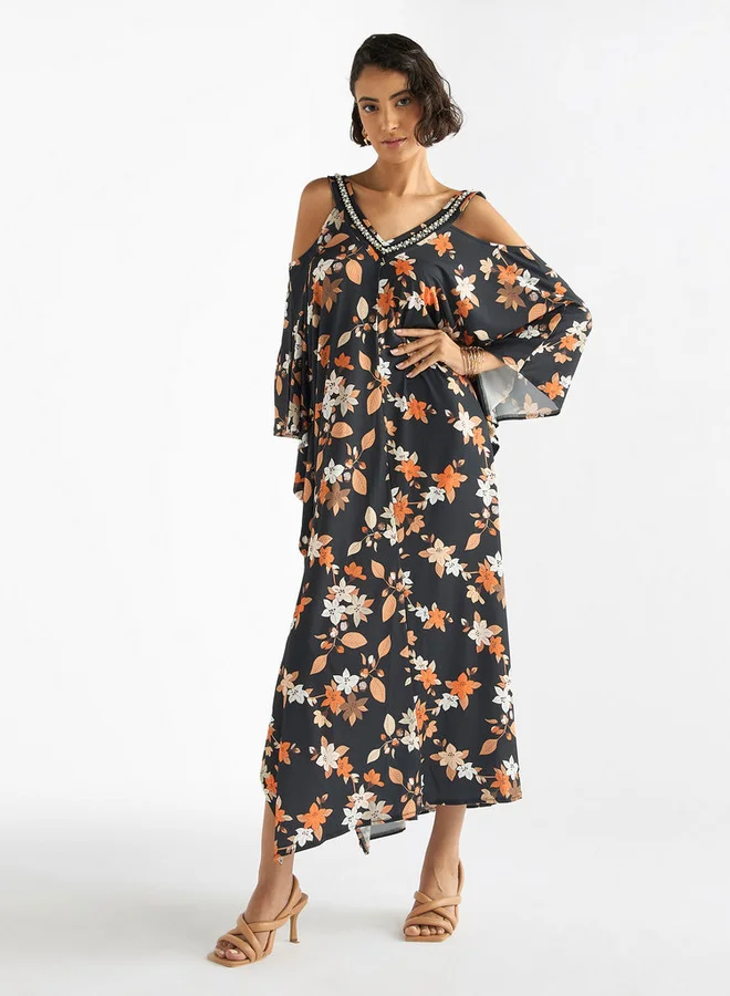 Splash FAV Floral Print V-neck Maxi Dress with Cold Shoulder Sleeves