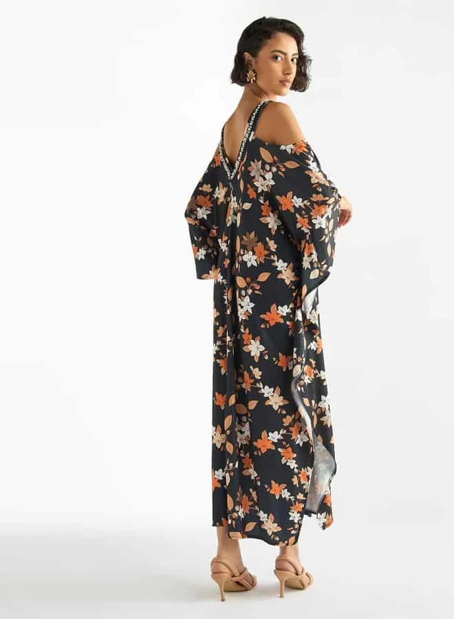 Splash FAV Floral Print V-neck Maxi Dress with Cold Shoulder Sleeves