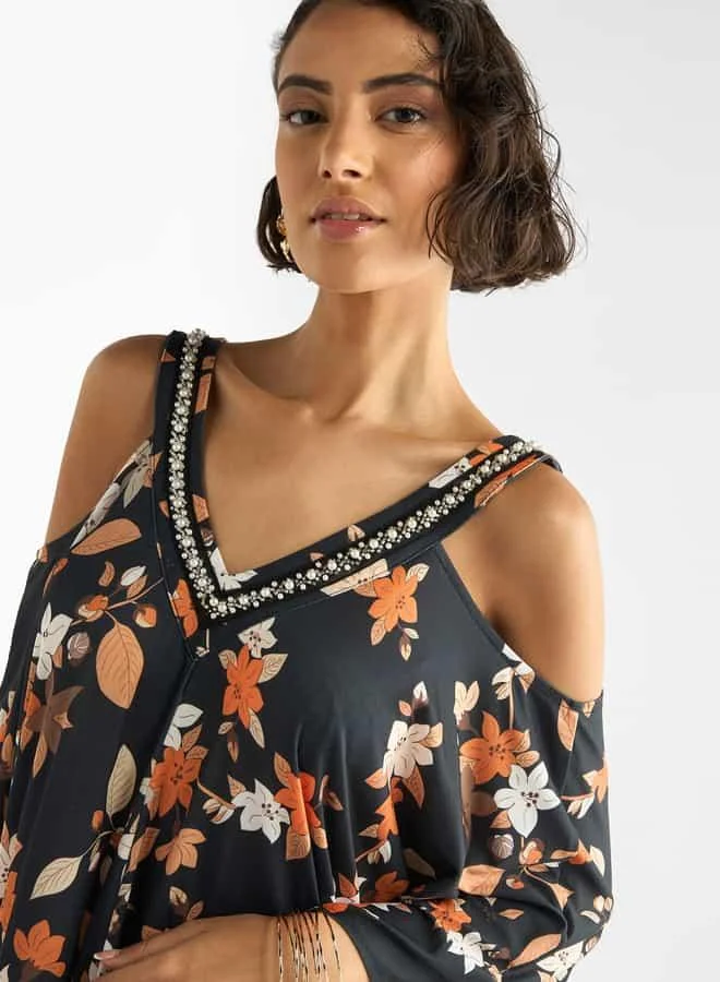 Splash FAV Floral Print V-neck Maxi Dress with Cold Shoulder Sleeves