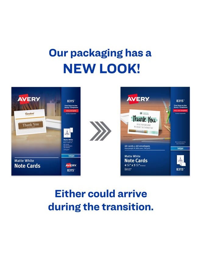 Avery Printable Note Cards with Envelopes, 4.25" x 5.5", Matte White, 60 Blank Note Cards for Inkjet Printers (08315) - Image 2