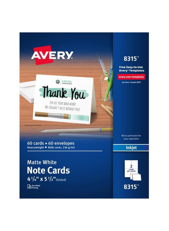 Avery Printable Note Cards with Envelopes, 4.25" x 5.5", Matte White, 60 Blank Note Cards for Inkjet Printers (08315) - Image 1