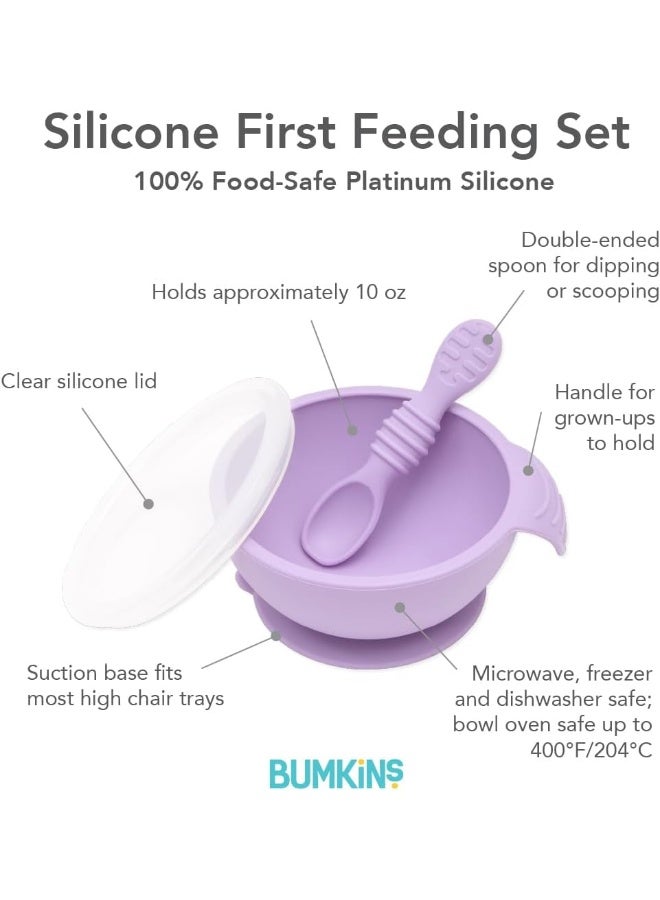 Bumkins Suction Silicone Baby Feeding Set, Bowl, Lid, Spoon, BPA-Free, First Feeding, Baby Led Weaning - Lavender - Image 5