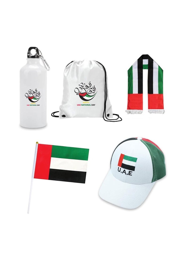 UAE Celebration Day Gift Set _5-Piece Combo Set With Drawstring Bag,Scarf,Flag,Caps,And Aluminium Water Flask_Perfect For Events And Celebrations - Image 1