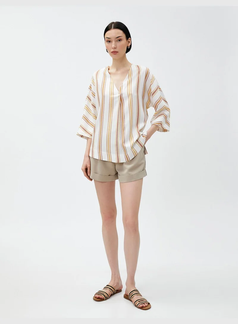 كوتون V Neck Blouse Pleated Detail