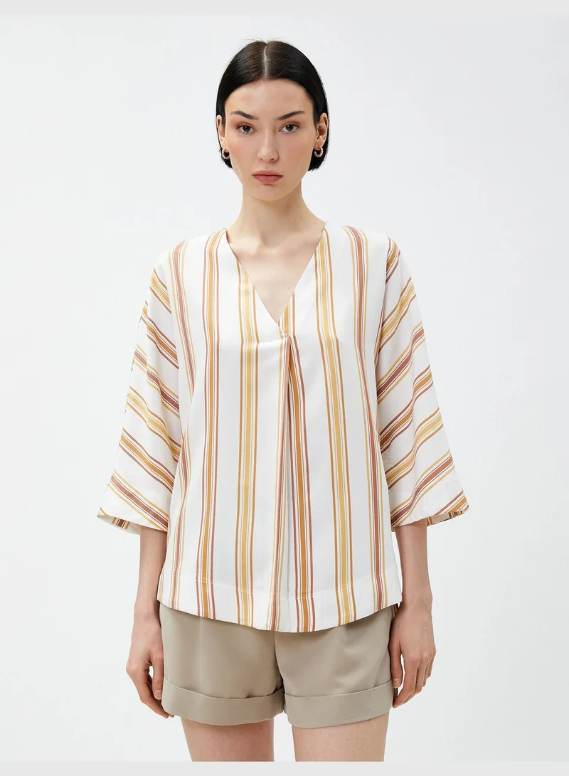 كوتون V Neck Blouse Pleated Detail