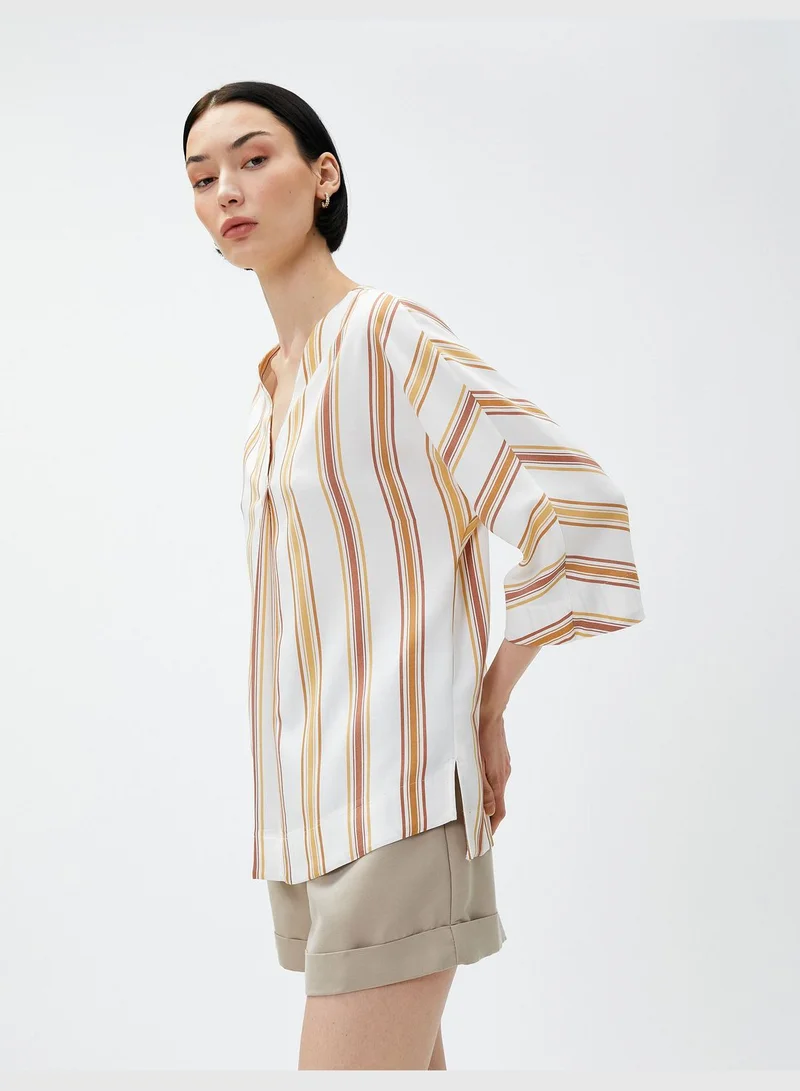 كوتون V Neck Blouse Pleated Detail