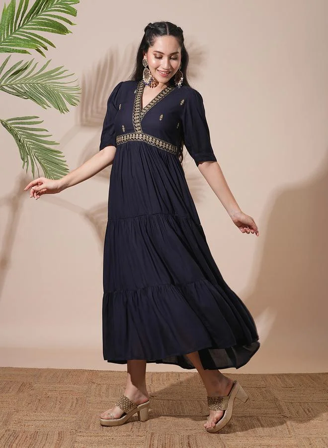 Globus Dark Blue Embroidered V Neck Tiered Midi Dress