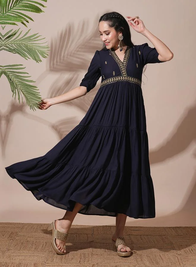 Globus Dark Blue Embroidered V Neck Tiered Midi Dress