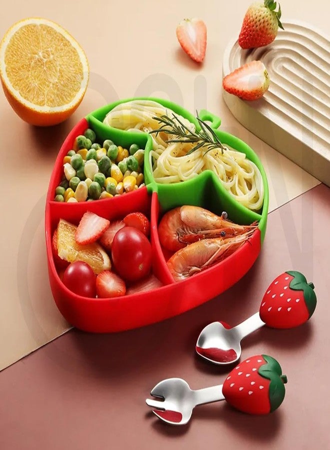Ostin Food Grade Silicone Food Plate for Babies Kids Children Baby Feeding Plate with Compartment partition Suction Plate with Spoon and Fork Toddler Plates for Eating (Strawberry Red) - Image 1