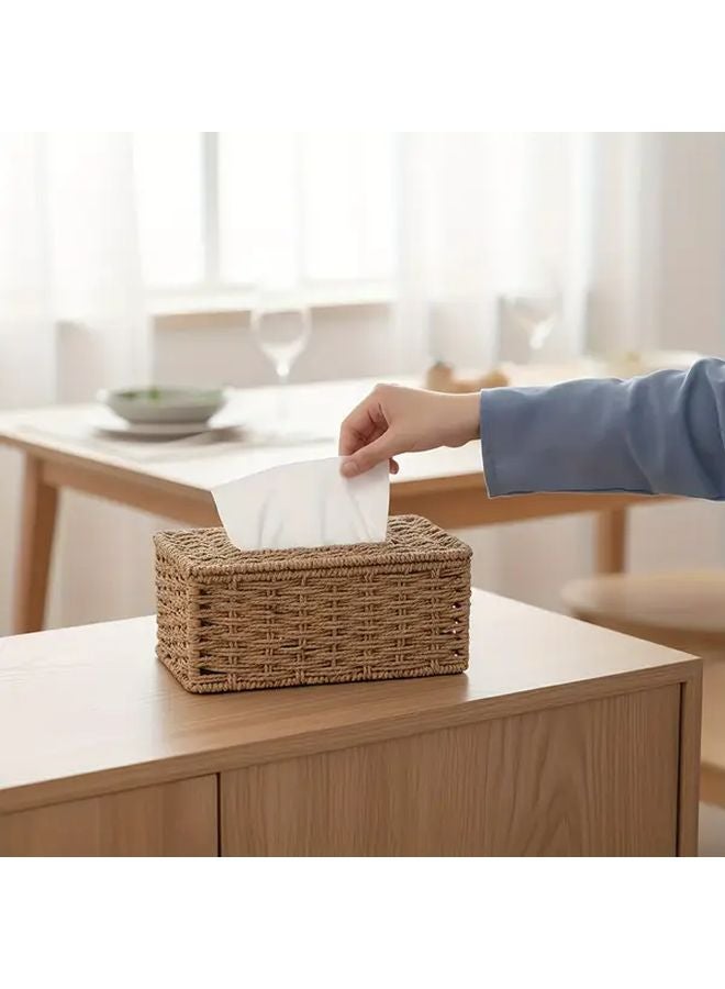 Camel Color Handmade Woven Rattan Look Tissue Box Holder For Home Car Office - Image 2