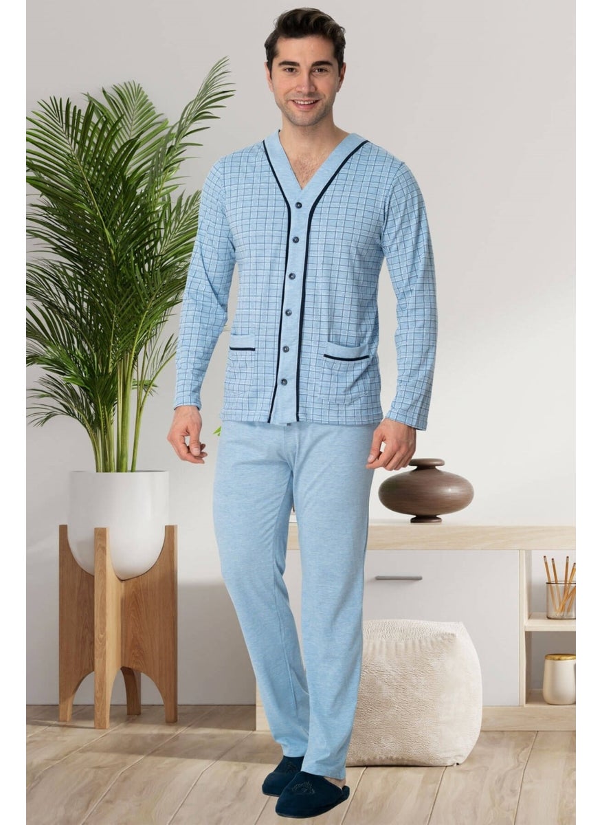 Mecit Pijama - Mecit 22767 Blue Front Buttoned Large Size Men's Pajama Set - Image 1