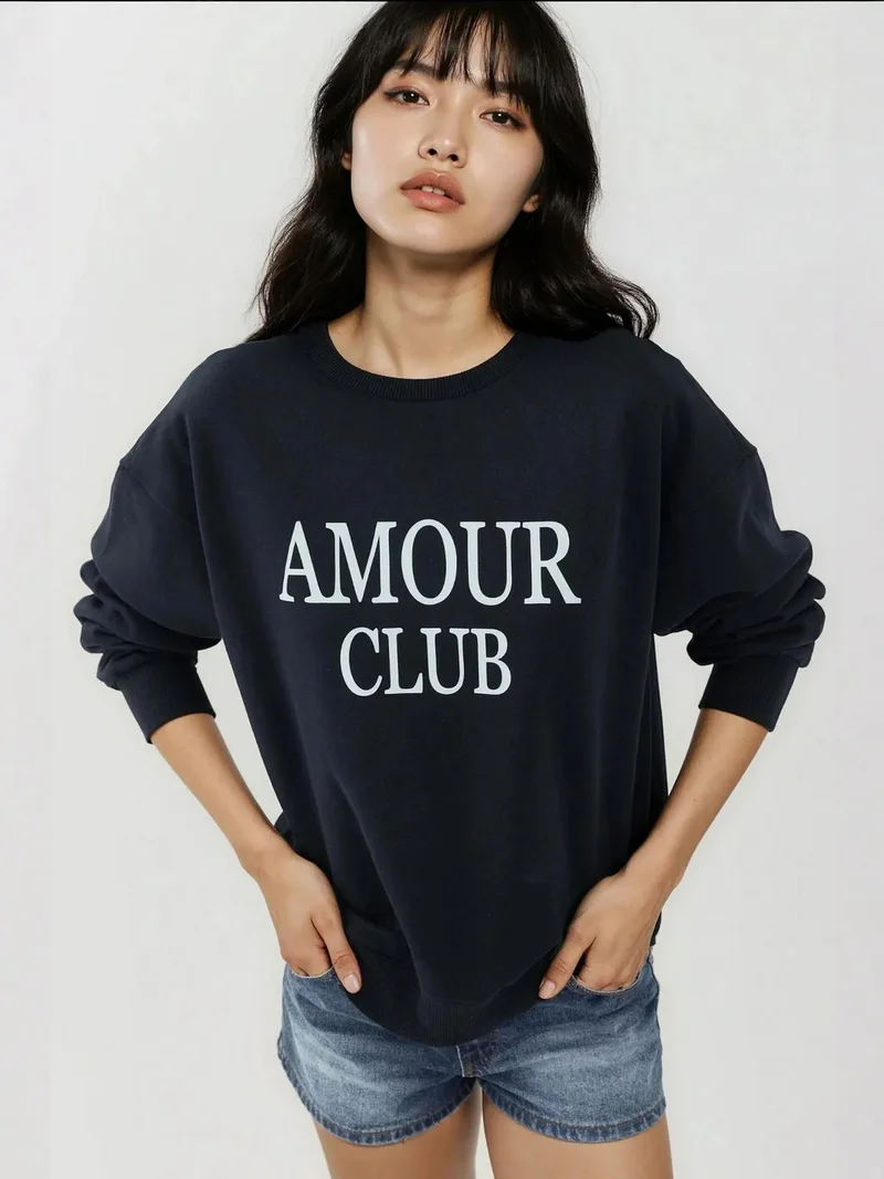 HICCUP Printed Crew Neck Relaxed Fit Raised Sweatshirt