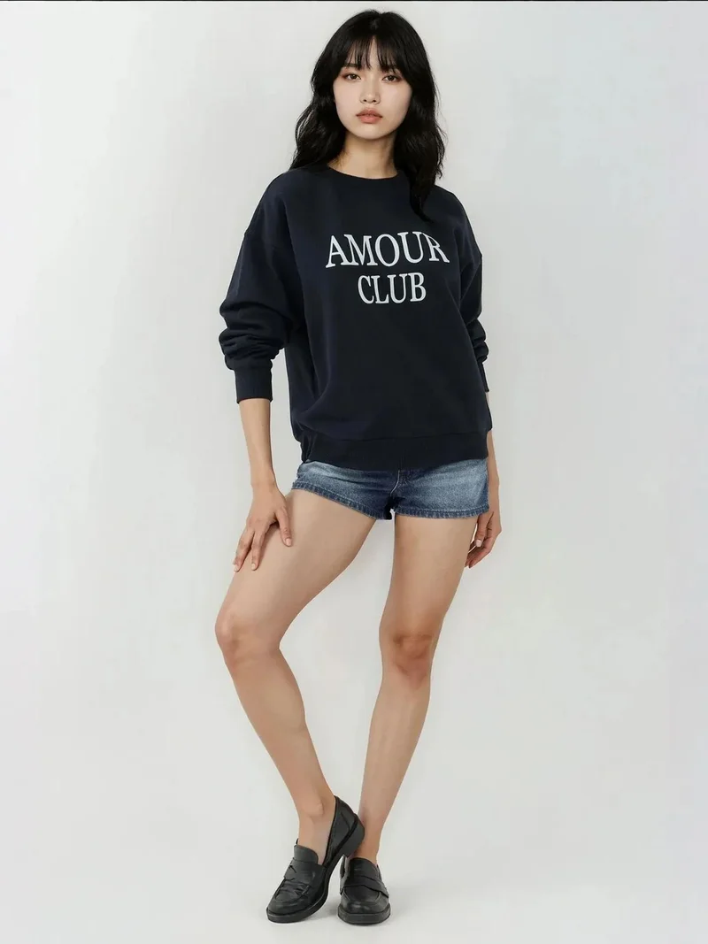 Hiccup Midnight Blue Printed Crew Neck Relaxed Fit Raised Sweatshirt for Women | Best Price UAE