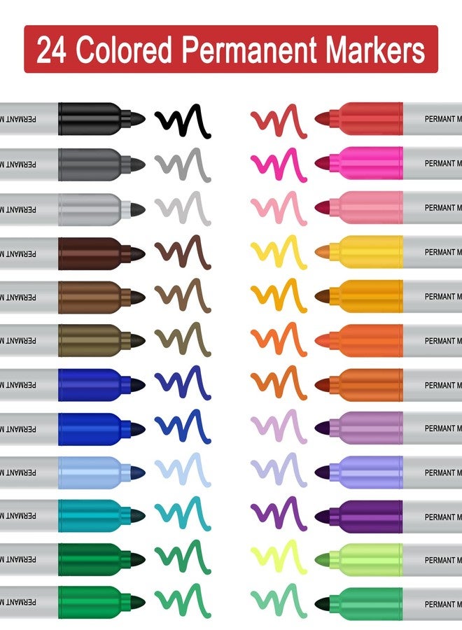 Vitoler Colored Permanent Markers,24 Assorted Colors Permanent Marker Pens Fine Point Markers for Marking Coloring Doodling Writing Journaling - Image 2