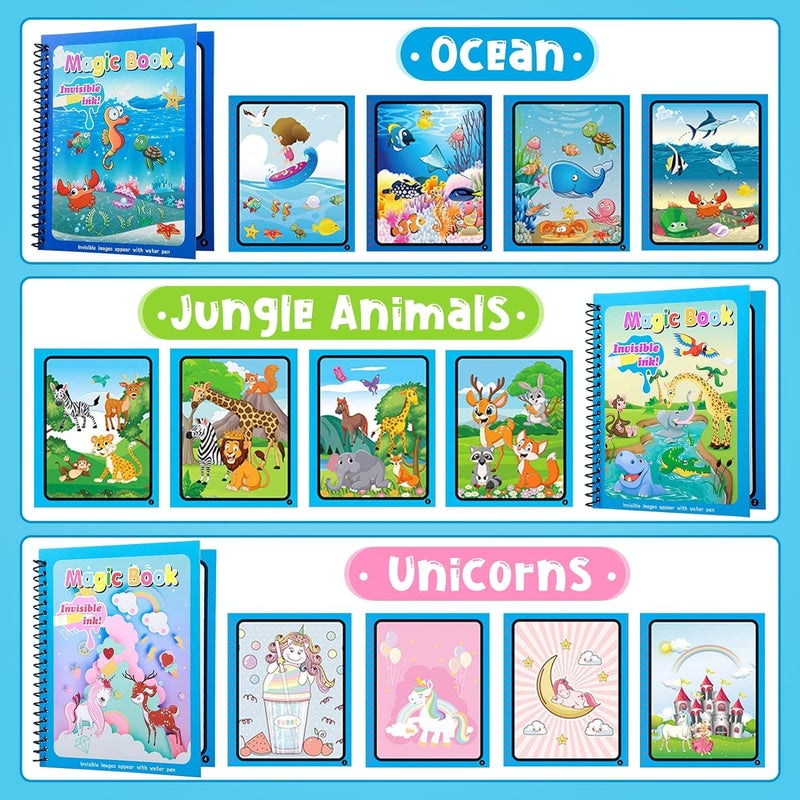 KELUMIE 6 Packs Water Coloring Book Reusable Unicorn Dinosaur Animal Transport Universe Cartoon Water Painting Wow Book Paint with Water Books No Mess Coloring for Toddlers Kids Educational Art Gifts - Image 4