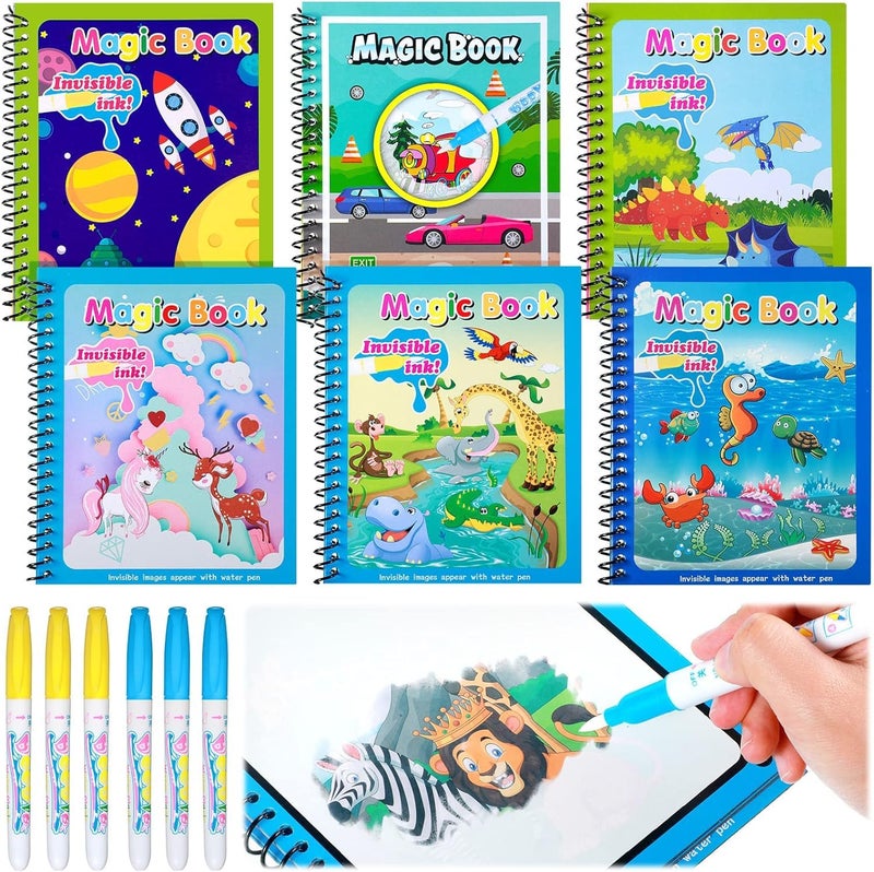 KELUMIE 6 Packs Water Coloring Book Reusable Unicorn Dinosaur Animal Transport Universe Cartoon Water Painting Wow Book Paint with Water Books No Mess Coloring for Toddlers Kids Educational Art Gifts - Image 1