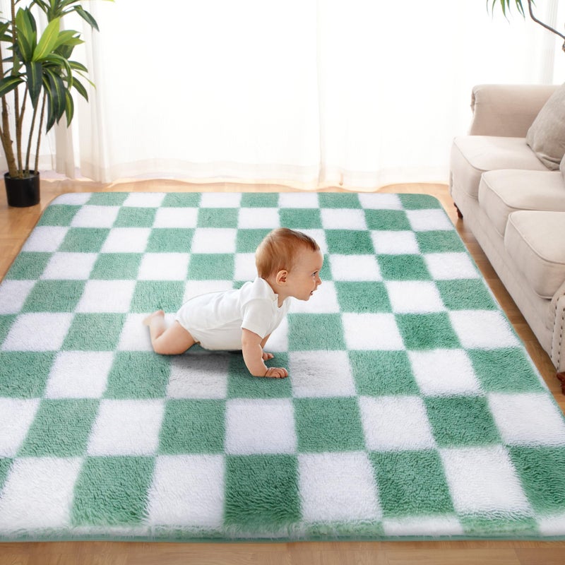 TOOHUB Super Soft Rug for Bedroom  5x7 ft Sage Green and White Area Rug Classic Checkered Shaggy Anti-Skid High Pile Soft Fluffy Rug Fuzzy Carpet for Living Room Bedroom Kids Room Nursery  Dorm - Image 1