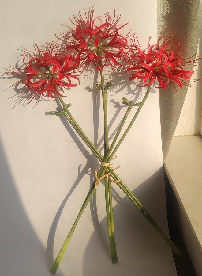 Calcifer 3 Stems Red Spider Lilies Artificial Flowers Lycoris Bulbs (Red) - Image 3