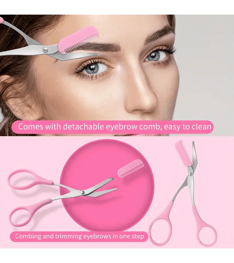 7 Pcs Pink Eyebrow Scissors With Comb Stainless Steel Makeup Clippers Mini Shaping Tools Safe Cosmetic Trimmers Precision Eyebrow Trimming Compact Eyebrow Scissors - Image 1