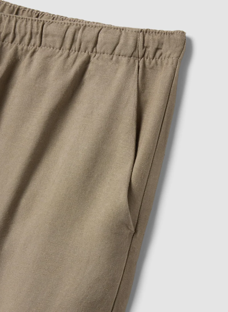 او في اس OVS Beige Viscose And Linen Blend Straight-Fit Trousers With Drawstring