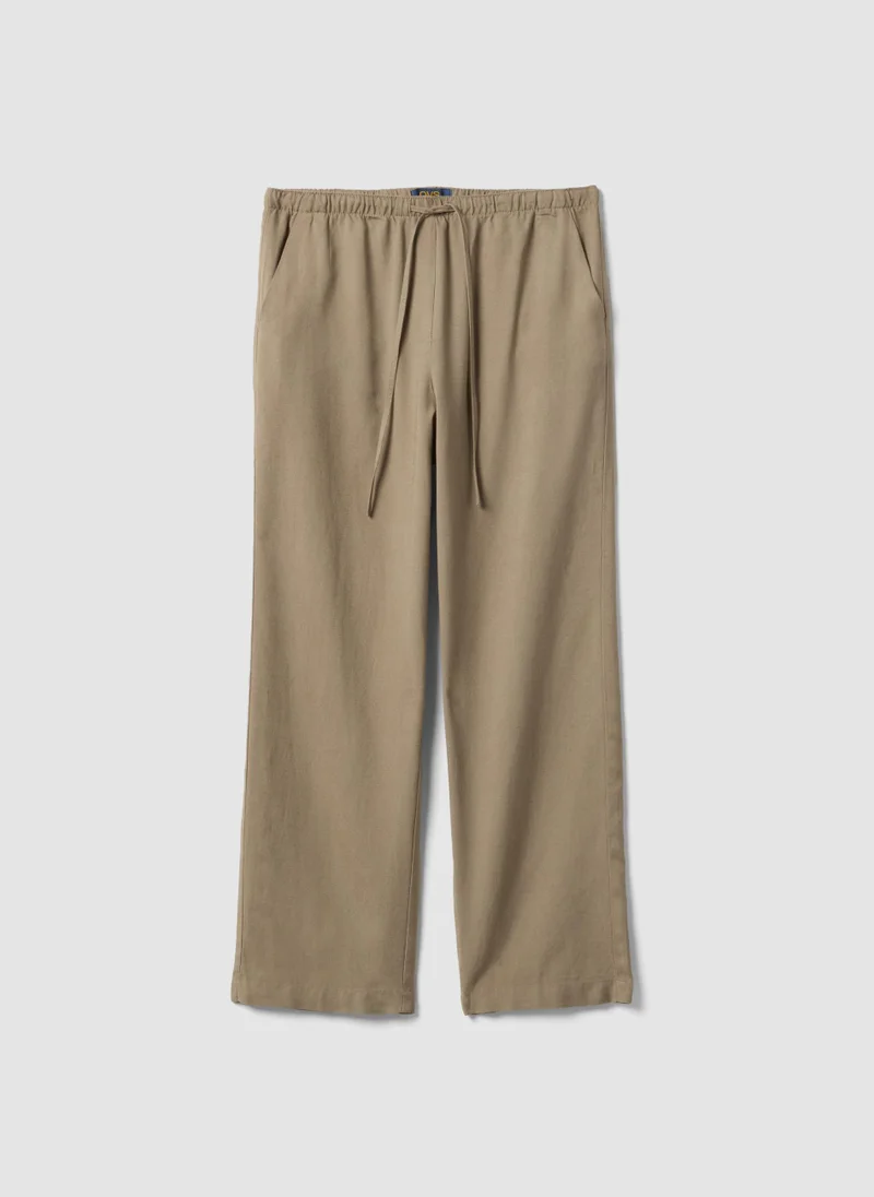 او في اس OVS Beige Viscose And Linen Blend Straight-Fit Trousers With Drawstring
