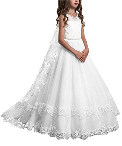 PLwedding Lace Flower Girls Dresses Girls First Communion Dress Princess Wedding Size 10 White - Image 5