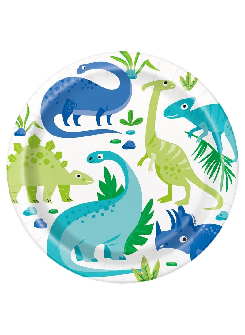 يونيك أطباق ورقية للاستخدام مرة واحدة بتصميم ديناصور، أخضر وأزرق، 22 سم، عبوة من 8 قطع - Image 1