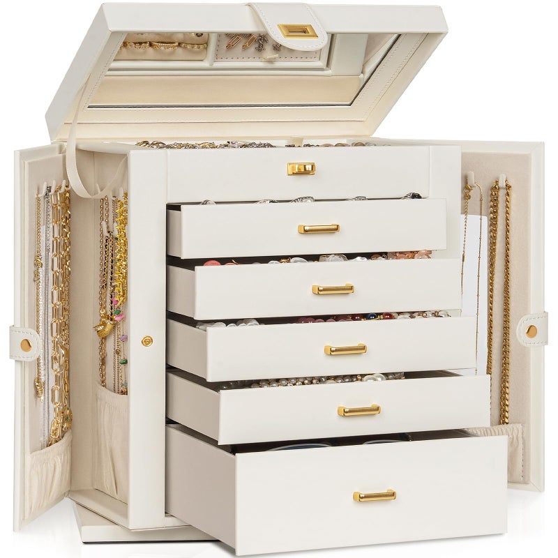AKOZLIN Jewelry Box 6Tier Organizer Functional 360 Rotating Jewelry Storage Case for Women Girls Ring Necklace Earring Bracelet Holder with Mirror