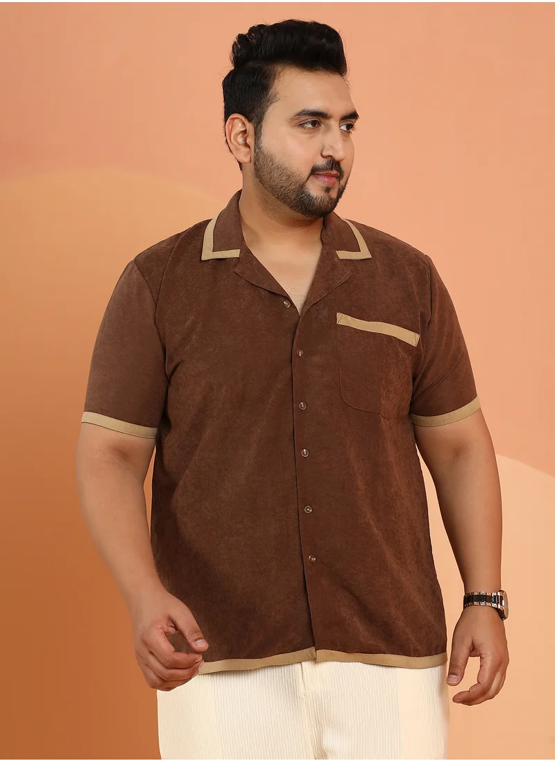 انستافاب بلس Instafab Plus Men's Chocolate Brown Contrast-Cuban Shirt For Casual Wear | Cuban Collar | Short Regular Sleeves | Button Closure | Plus Size Shirt Crafted With Comfort Fit For Everyday Wear