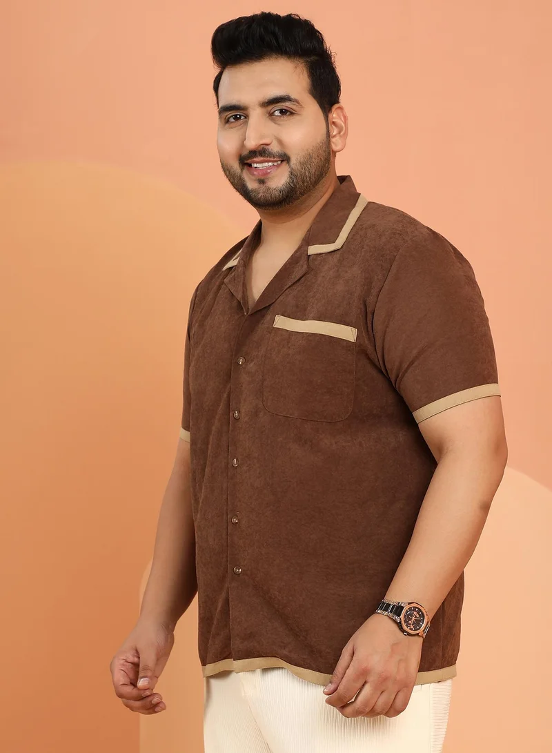 Instafab Plus Instafab Plus Men's Chocolate Brown Contrast-Cuban Shirt For Casual Wear | Cuban Collar | Short Regular Sleeves | Button Closure | Plus Size Shirt Crafted With Comfort Fit For Everyday Wear