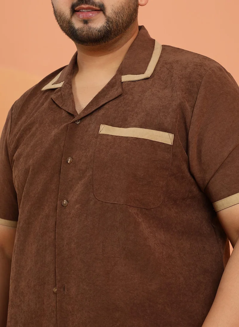Instafab Plus Instafab Plus Men's Chocolate Brown Contrast-Cuban Shirt For Casual Wear | Cuban Collar | Short Regular Sleeves | Button Closure | Plus Size Shirt Crafted With Comfort Fit For Everyday Wear