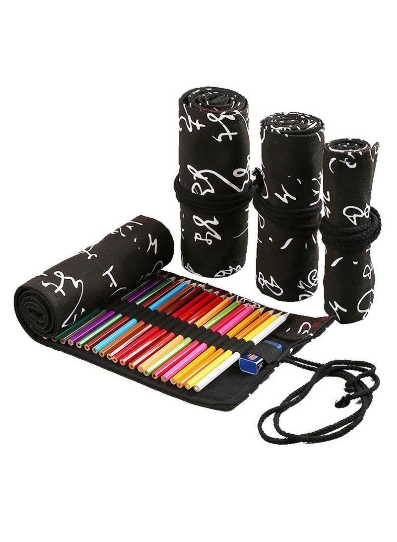 حقيبة أقلام رصاص محمولة وقابلة للف من القماش أسود/ أبيض