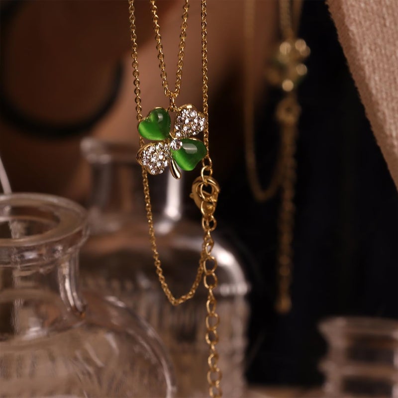 Sonateomber Lucky 4 Leaf Clover St.Patrick's Day Necklaces for Women, Cute Green Gold Rhinestone CZ Clover Pendant Necklace Rhinestone Dainty Chain Prom Accessories Jewelry Gift - Image 5