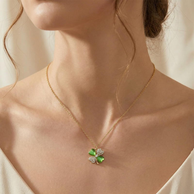 Sonateomber Lucky 4 Leaf Clover St.Patrick's Day Necklaces for Women, Cute Green Gold Rhinestone CZ Clover Pendant Necklace Rhinestone Dainty Chain Prom Accessories Jewelry Gift - Image 2