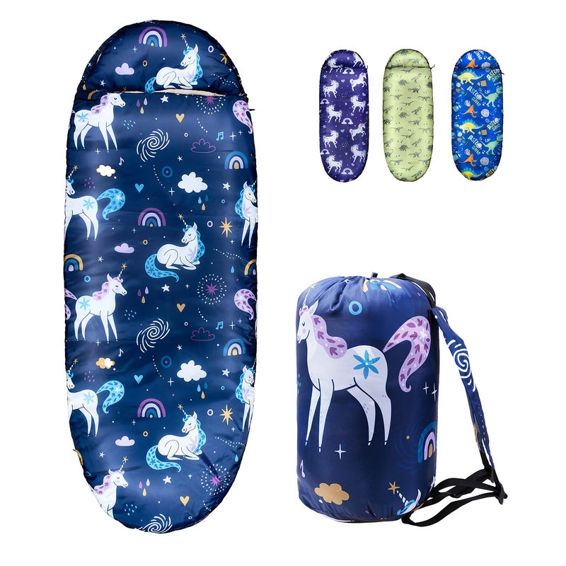 rioyalo Kids Sleeping Bags for Girls â€“ Unicorn Rainbow Space Navy â€“ Rioyalo YOLO 45 Camping Sleeping Bags for Kids with Carry Bag - Outdoor and Indoor (Unicorn-NV) - Image 1