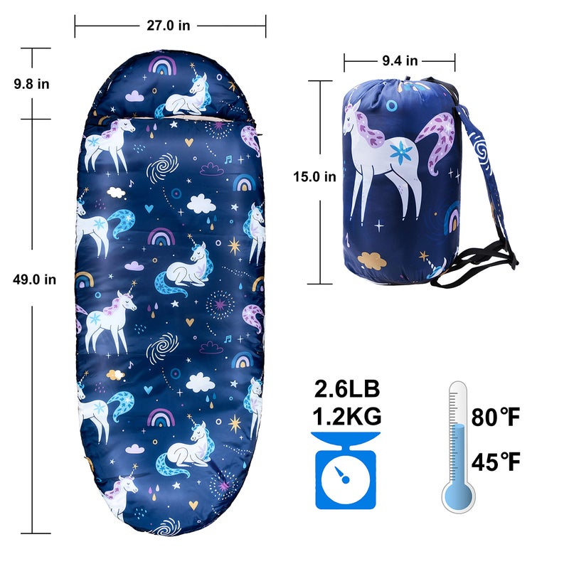 rioyalo Kids Sleeping Bags for Girls â€“ Unicorn Rainbow Space Navy â€“ Rioyalo YOLO 45 Camping Sleeping Bags for Kids with Carry Bag - Outdoor and Indoor (Unicorn-NV) - Image 2