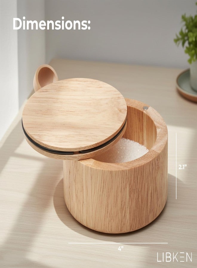 LIBKEN Wooden Salt Box with Lid & Spoon - Rubberwood Keeper, Magnetic Swivel Top to avoid Dust, Minimal Scandinavian Bowl for Pepper, Spices, Herbs and Salt, Natural Salt Storage Container - Wood Lid - Image 3