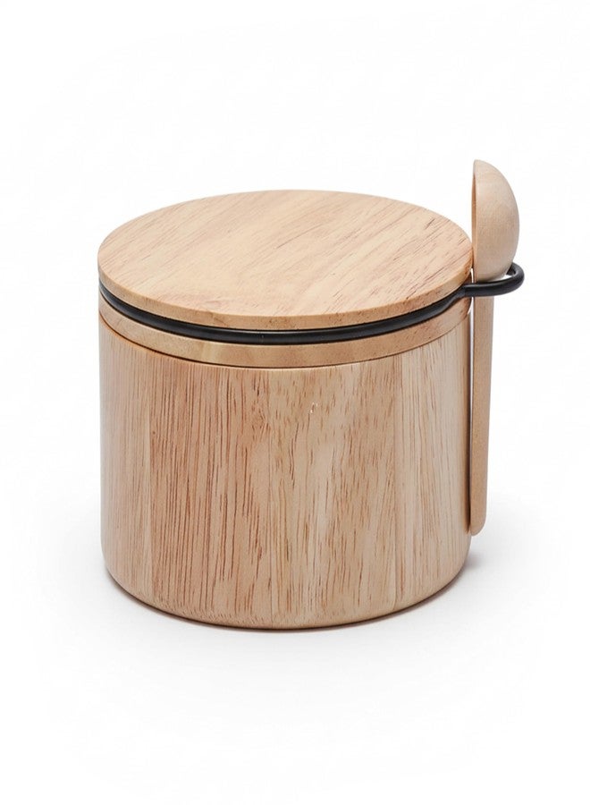 LIBKEN Wooden Salt Box with Lid & Spoon - Rubberwood Keeper, Magnetic Swivel Top to avoid Dust, Minimal Scandinavian Bowl for Pepper, Spices, Herbs and Salt, Natural Salt Storage Container - Wood Lid - Image 1