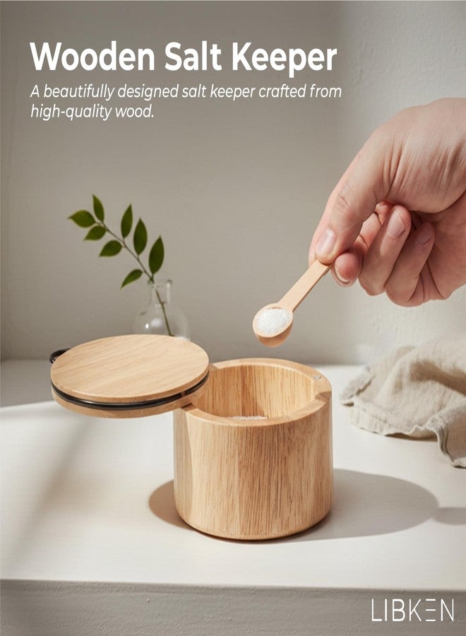 LIBKEN Wooden Salt Box with Lid & Spoon - Rubberwood Keeper, Magnetic Swivel Top to avoid Dust, Minimal Scandinavian Bowl for Pepper, Spices, Herbs and Salt, Natural Salt Storage Container - Wood Lid - Image 2