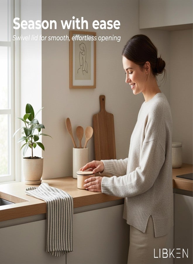 LIBKEN Wooden Salt Box with Lid & Spoon - Rubberwood Keeper, Magnetic Swivel Top to avoid Dust, Minimal Scandinavian Bowl for Pepper, Spices, Herbs and Salt, Natural Salt Storage Container - Wood Lid - Image 4