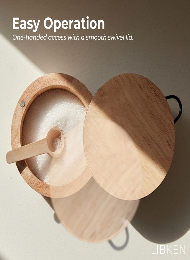 LIBKEN Wooden Salt Box with Lid & Spoon - Rubberwood Keeper, Magnetic Swivel Top to avoid Dust, Minimal Scandinavian Bowl for Pepper, Spices, Herbs and Salt, Natural Salt Storage Container - Wood Lid - Image 5